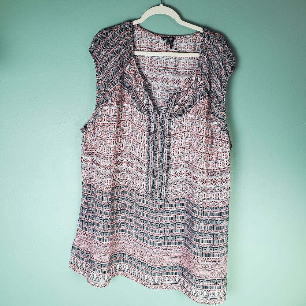 Nic + Zoe Womens Multicolor Tribal Print V-Neck Cap Sleeve Blouse Size 3X